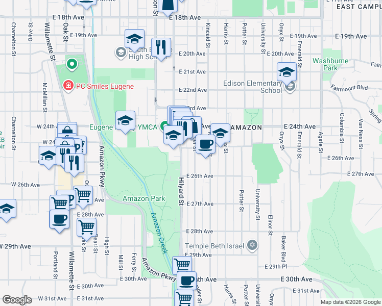 map of restaurants, bars, coffee shops, grocery stores, and more near 2476 Alder Street in Eugene
