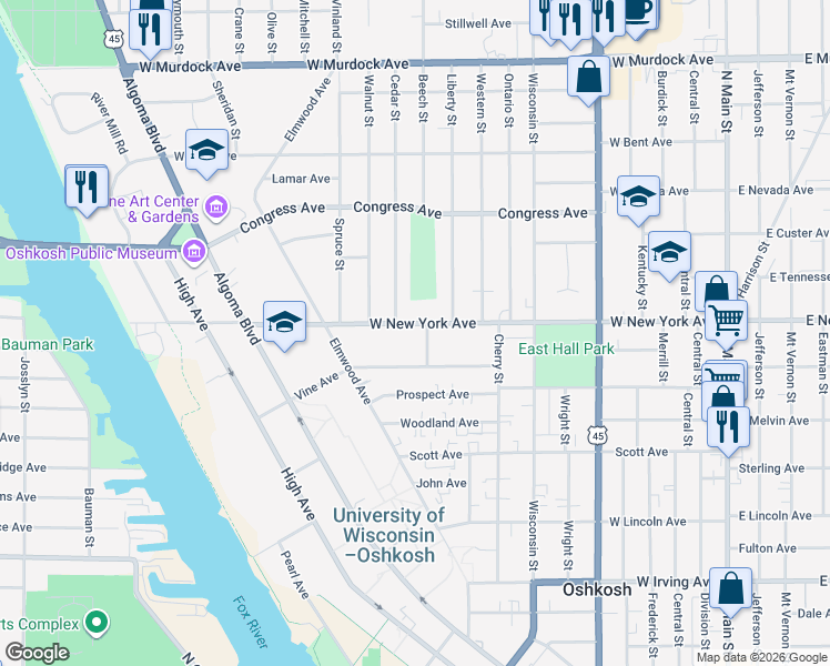 map of restaurants, bars, coffee shops, grocery stores, and more near 1011 West New York Avenue in Oshkosh