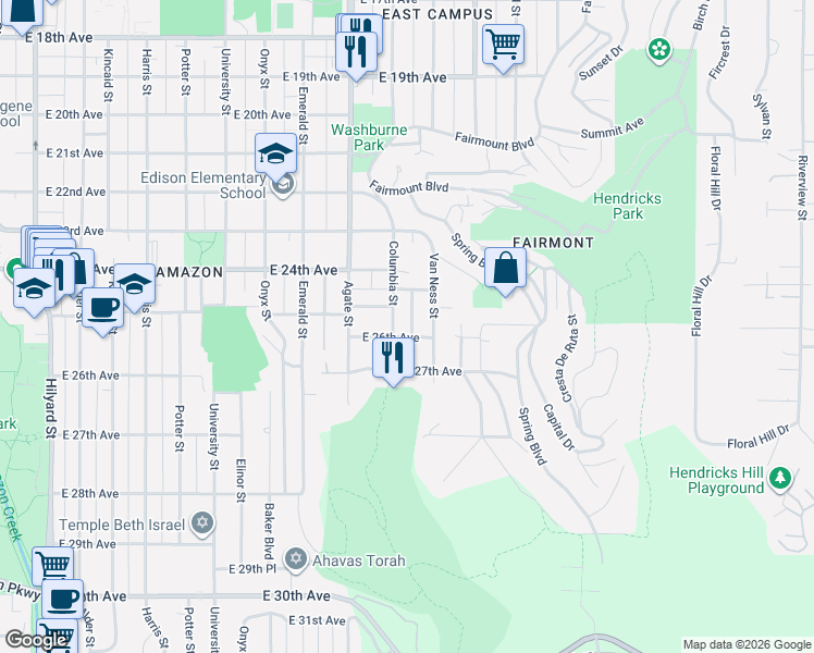 map of restaurants, bars, coffee shops, grocery stores, and more near 2580 Chula Vista Boulevard in Eugene