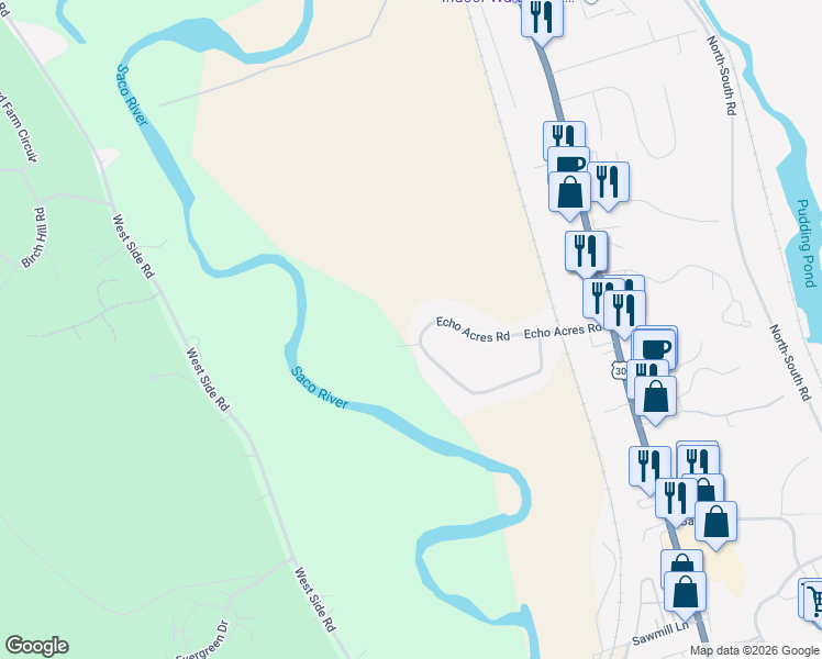 map of restaurants, bars, coffee shops, grocery stores, and more near 186 Echo Acres Road in Conway