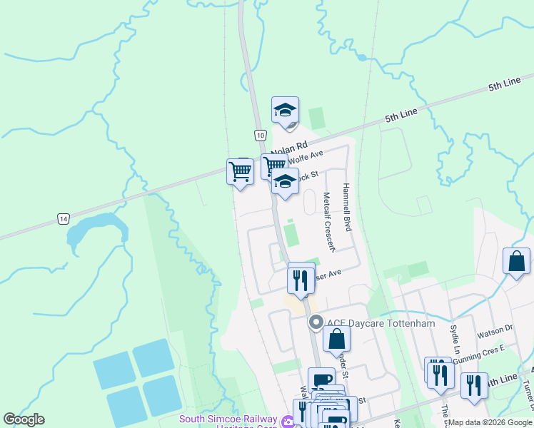 map of restaurants, bars, coffee shops, grocery stores, and more near 235 County Road 10 in New Tecumseth