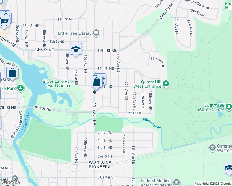 map of restaurants, bars, coffee shops, grocery stores, and more near 1305 9th Street Northeast in Rochester