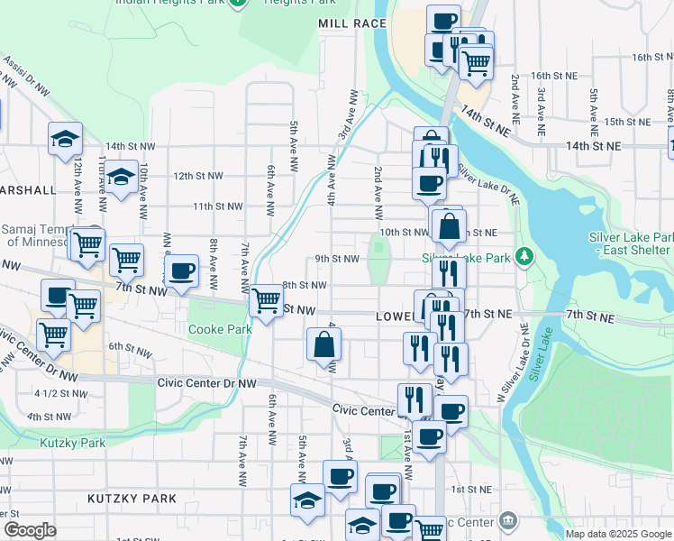 map of restaurants, bars, coffee shops, grocery stores, and more near 225 9th Street Northwest in Rochester