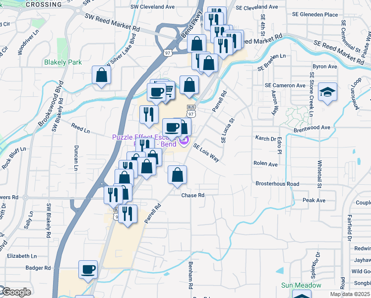 map of restaurants, bars, coffee shops, grocery stores, and more near 61490 South Highway 97 in Bend