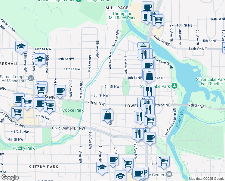 map of restaurants, bars, coffee shops, grocery stores, and more near 810 4th Avenue Northwest in Rochester