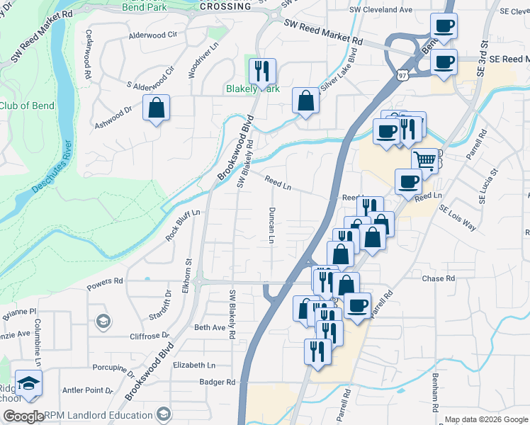 map of restaurants, bars, coffee shops, grocery stores, and more near 61475 Duncan Lane in Bend