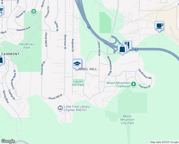 map of restaurants, bars, coffee shops, grocery stores, and more near 2561 Moon Mountain Drive in Eugene