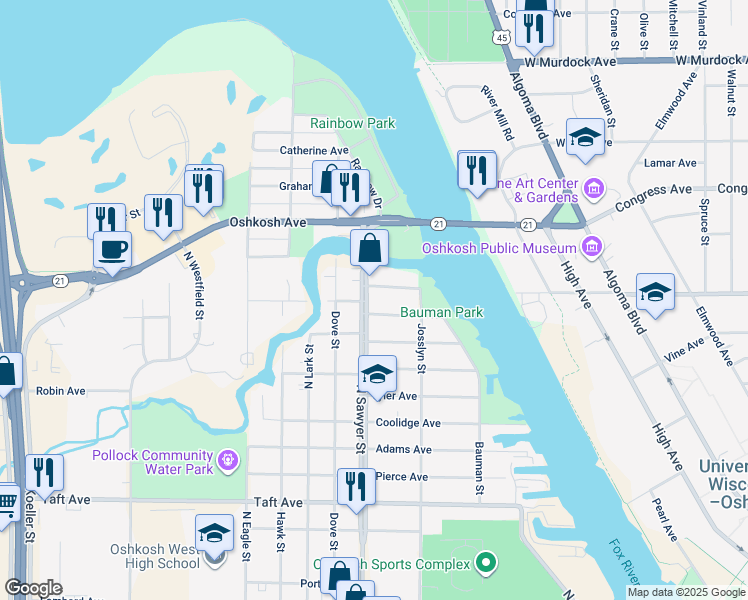 map of restaurants, bars, coffee shops, grocery stores, and more near 1231 North Sawyer Street in Oshkosh