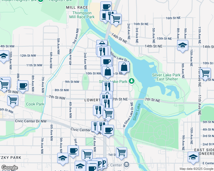 map of restaurants, bars, coffee shops, grocery stores, and more near 908 North Broadway Avenue in Rochester
