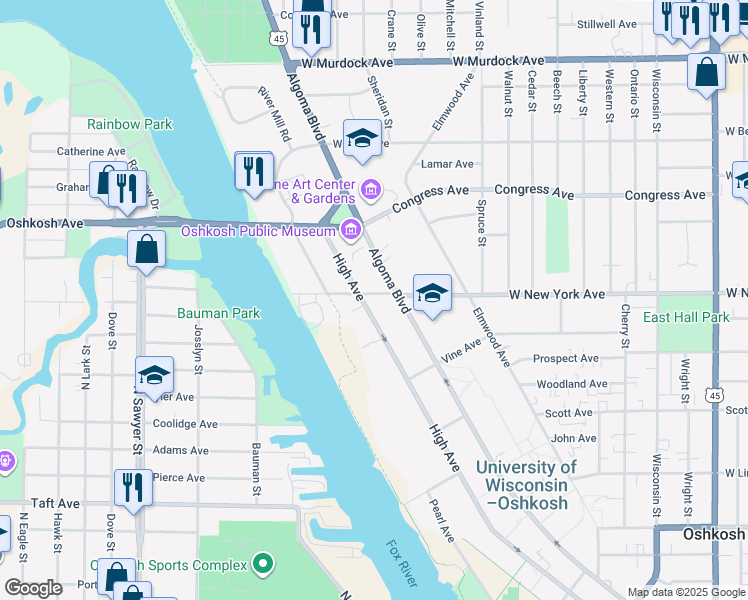 map of restaurants, bars, coffee shops, grocery stores, and more near 1531 West New York Avenue in Oshkosh