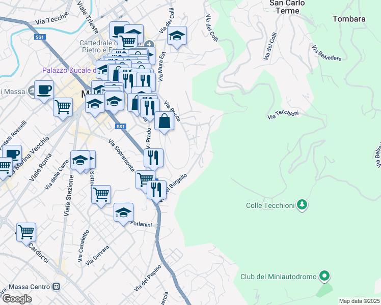 map of restaurants, bars, coffee shops, grocery stores, and more near 19 Via Rocca in Massa