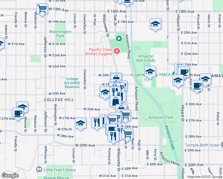 map of restaurants, bars, coffee shops, grocery stores, and more near 2474 Willamette Alley in Eugene