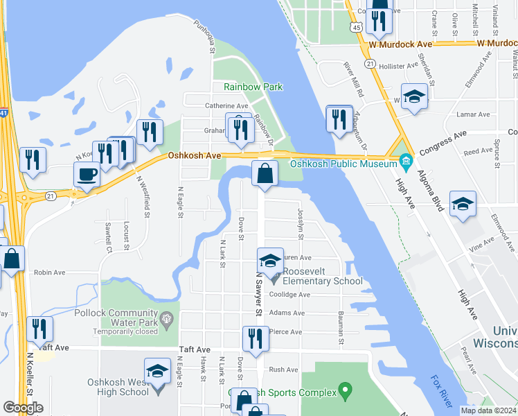 map of restaurants, bars, coffee shops, grocery stores, and more near 1203 North Sawyer Street in Oshkosh