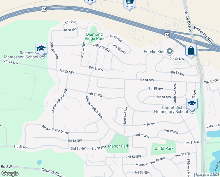 map of restaurants, bars, coffee shops, grocery stores, and more near 4421 Manor Drive Northwest in Rochester