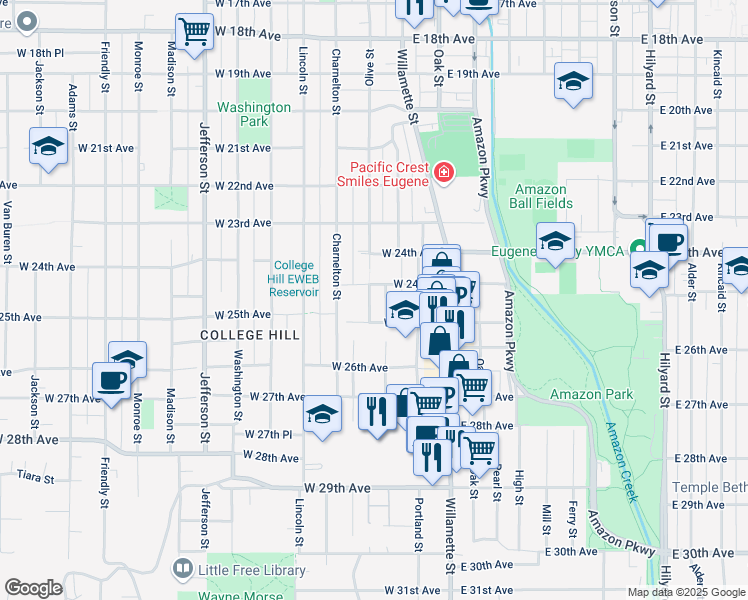 map of restaurants, bars, coffee shops, grocery stores, and more near 2465 Olive Street in Eugene