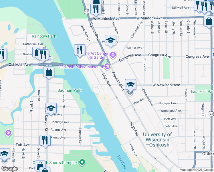 map of restaurants, bars, coffee shops, grocery stores, and more near 1615 West New York Avenue in Oshkosh