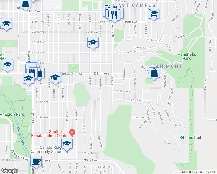 map of restaurants, bars, coffee shops, grocery stores, and more near 1538 East 25th Avenue in Eugene