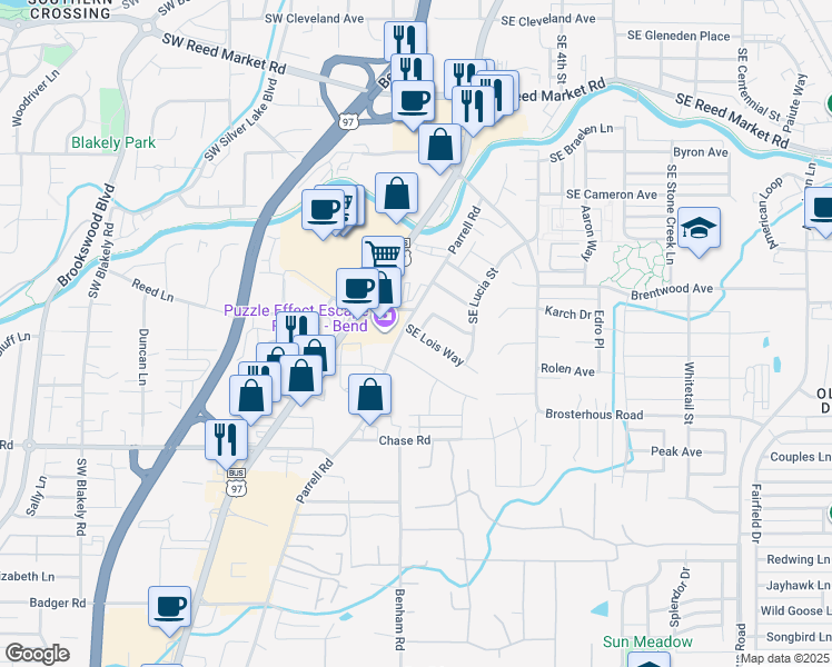 map of restaurants, bars, coffee shops, grocery stores, and more near 20330 Southeast Lois Way in Bend