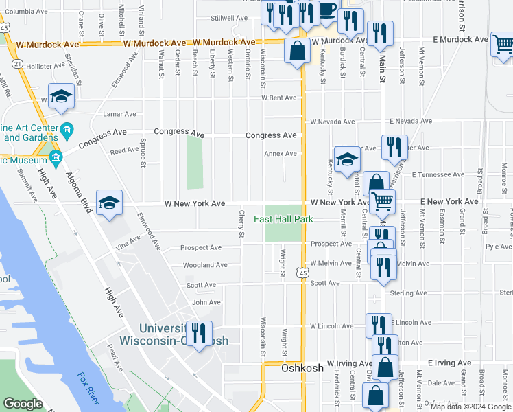 map of restaurants, bars, coffee shops, grocery stores, and more near 609 West New York Avenue in Oshkosh