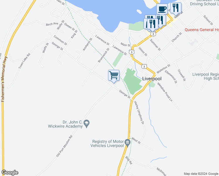 map of restaurants, bars, coffee shops, grocery stores, and more near 162 Old Port Mouton Road in Liverpool