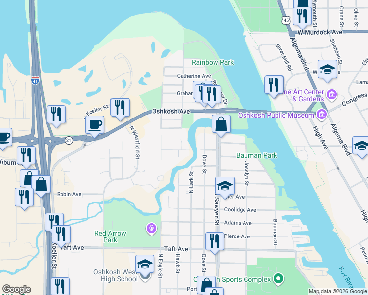 map of restaurants, bars, coffee shops, grocery stores, and more near 1222 Nimrod Court in Oshkosh