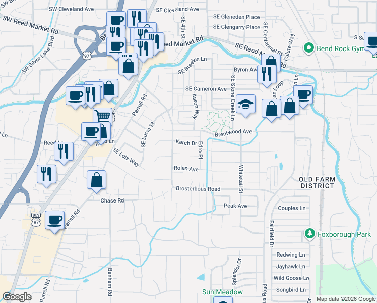 map of restaurants, bars, coffee shops, grocery stores, and more near 20467 Karch Drive in Bend