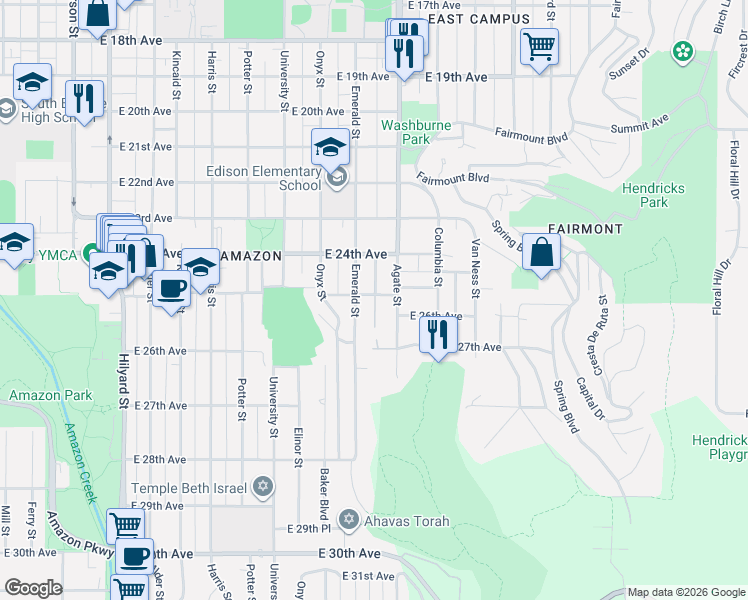 map of restaurants, bars, coffee shops, grocery stores, and more near 2475 Nixon Street in Eugene