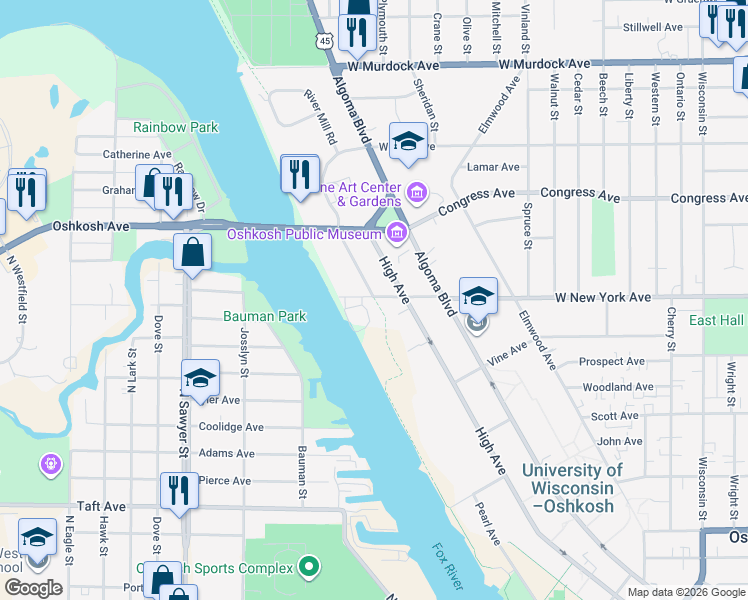 map of restaurants, bars, coffee shops, grocery stores, and more near 1615 West New York Avenue in Oshkosh