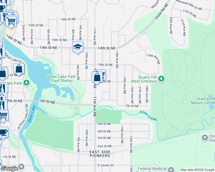 map of restaurants, bars, coffee shops, grocery stores, and more near 1305 9th Street Northeast in Rochester