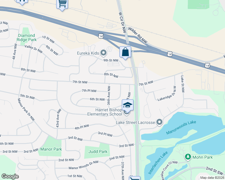 map of restaurants, bars, coffee shops, grocery stores, and more near 3574 7th Street Northwest in Rochester