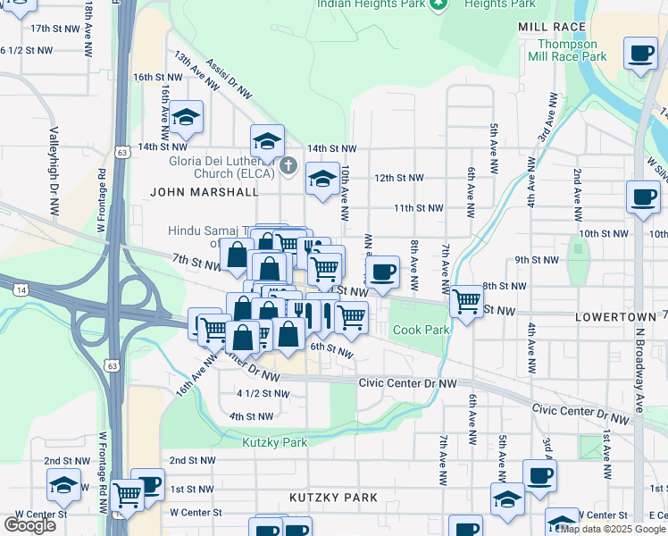 map of restaurants, bars, coffee shops, grocery stores, and more near 902 11th Avenue Northwest in Rochester