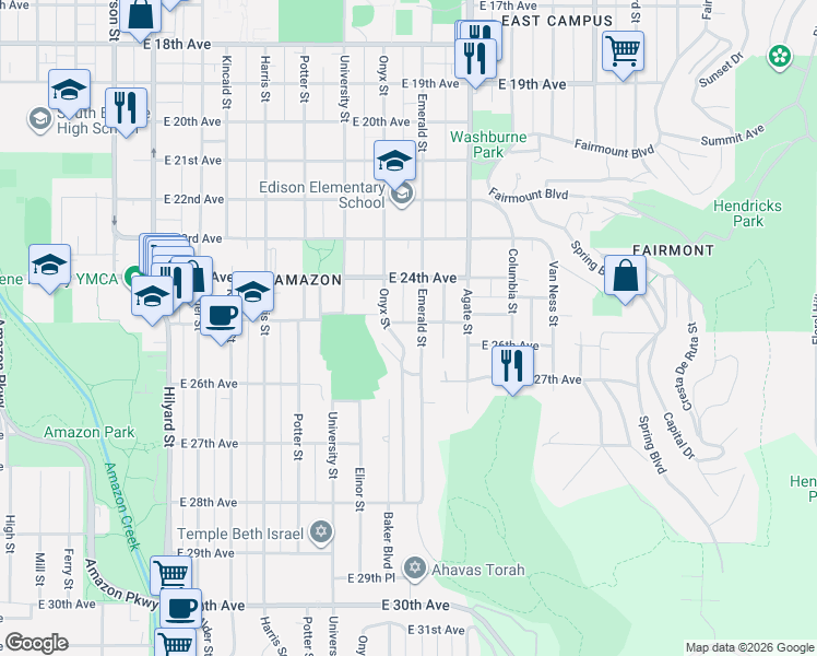 map of restaurants, bars, coffee shops, grocery stores, and more near 1350 East 25th Avenue in Eugene