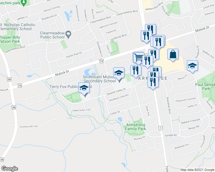 map of restaurants, bars, coffee shops, grocery stores, and more near 174 Warwick Crescent in Newmarket