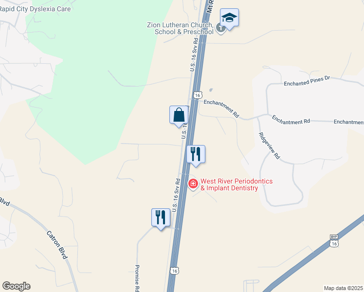 map of restaurants, bars, coffee shops, grocery stores, and more near 5201 U.S. 16 Srv Road in Rapid City