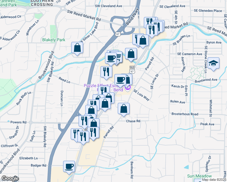 map of restaurants, bars, coffee shops, grocery stores, and more near 61471 South Highway 97 in Bend
