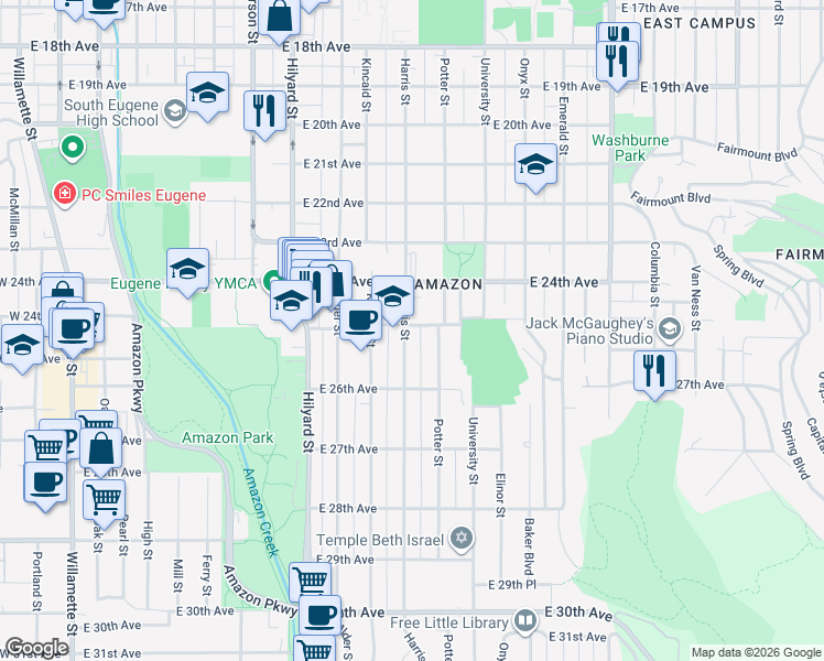 map of restaurants, bars, coffee shops, grocery stores, and more near 1016 East 25th Avenue in Eugene
