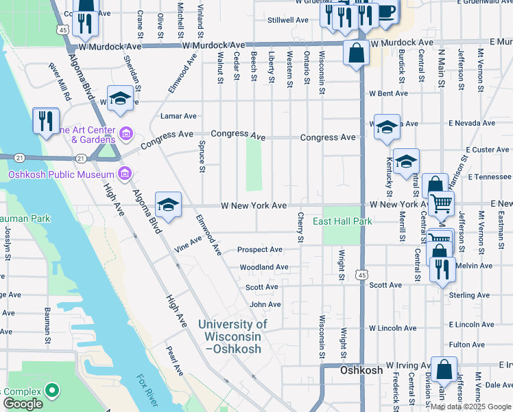 map of restaurants, bars, coffee shops, grocery stores, and more near 999 West New York Avenue in Oshkosh