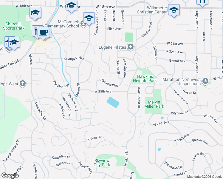 map of restaurants, bars, coffee shops, grocery stores, and more near 3423 West 25th Avenue in Eugene