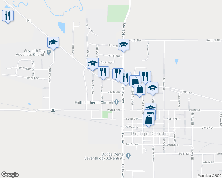 map of restaurants, bars, coffee shops, grocery stores, and more near 403 4th Avenue Northwest in Dodge Center