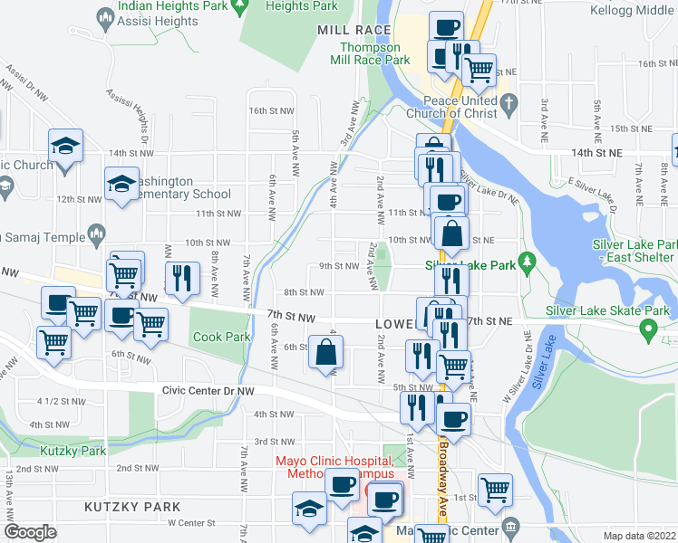 map of restaurants, bars, coffee shops, grocery stores, and more near 312 9th Street Northwest in Rochester