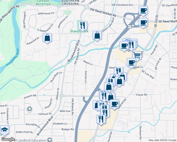 map of restaurants, bars, coffee shops, grocery stores, and more near 61475 Duncan Lane in Bend