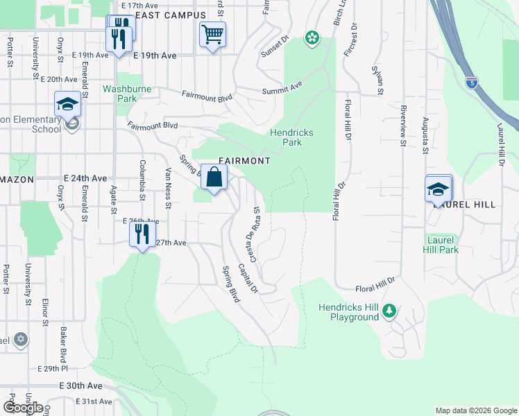 map of restaurants, bars, coffee shops, grocery stores, and more near 2530 Woodland Drive in Eugene
