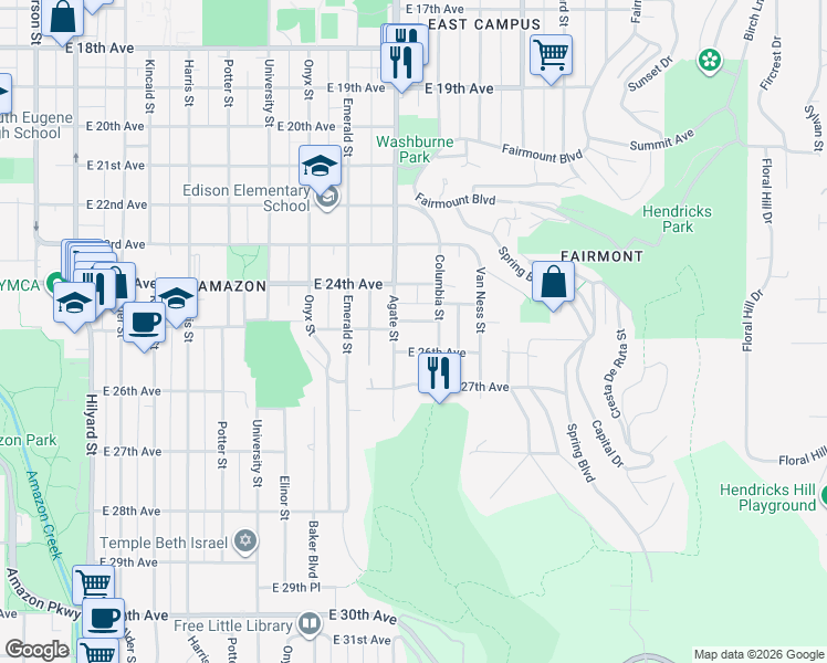 map of restaurants, bars, coffee shops, grocery stores, and more near 1649 East 25th Avenue in Eugene