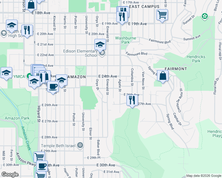 map of restaurants, bars, coffee shops, grocery stores, and more near 2475 Nixon Street in Eugene