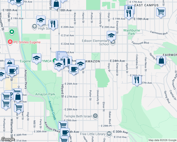 map of restaurants, bars, coffee shops, grocery stores, and more near 1093 East 25th Avenue in Eugene