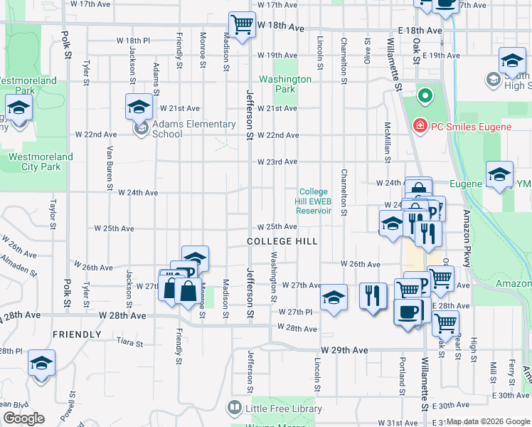map of restaurants, bars, coffee shops, grocery stores, and more near 2450 Washington Street in Eugene