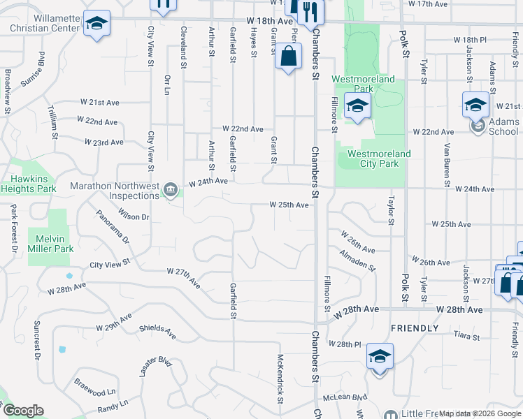 map of restaurants, bars, coffee shops, grocery stores, and more near 1895 West 25th Avenue in Eugene
