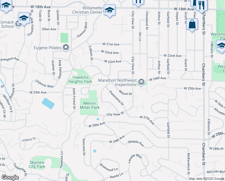map of restaurants, bars, coffee shops, grocery stores, and more near 2430 Wilson Drive in Eugene