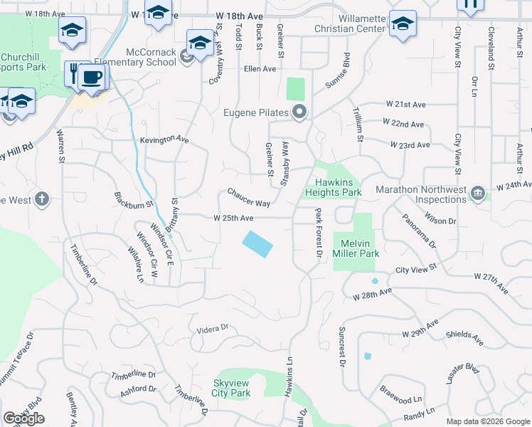 map of restaurants, bars, coffee shops, grocery stores, and more near 3384 Chaucer Way in Eugene