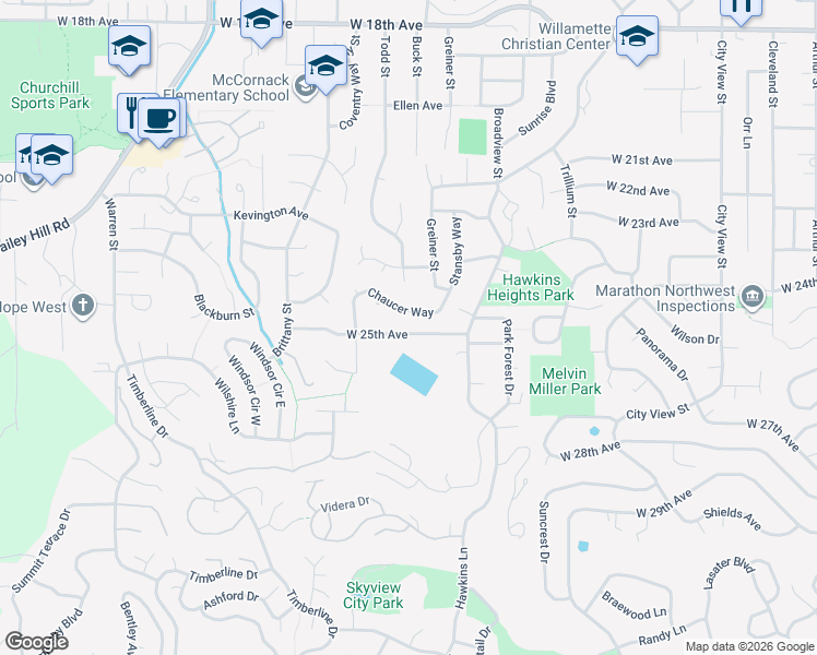 map of restaurants, bars, coffee shops, grocery stores, and more near 3384 Chaucer Way in Eugene